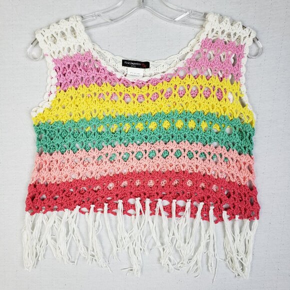 Vintage Y2K Boho Striped Colorful Fringe Crochet Knit 70s Sleeveless Top sz L/XL - Picture 1 of 8
